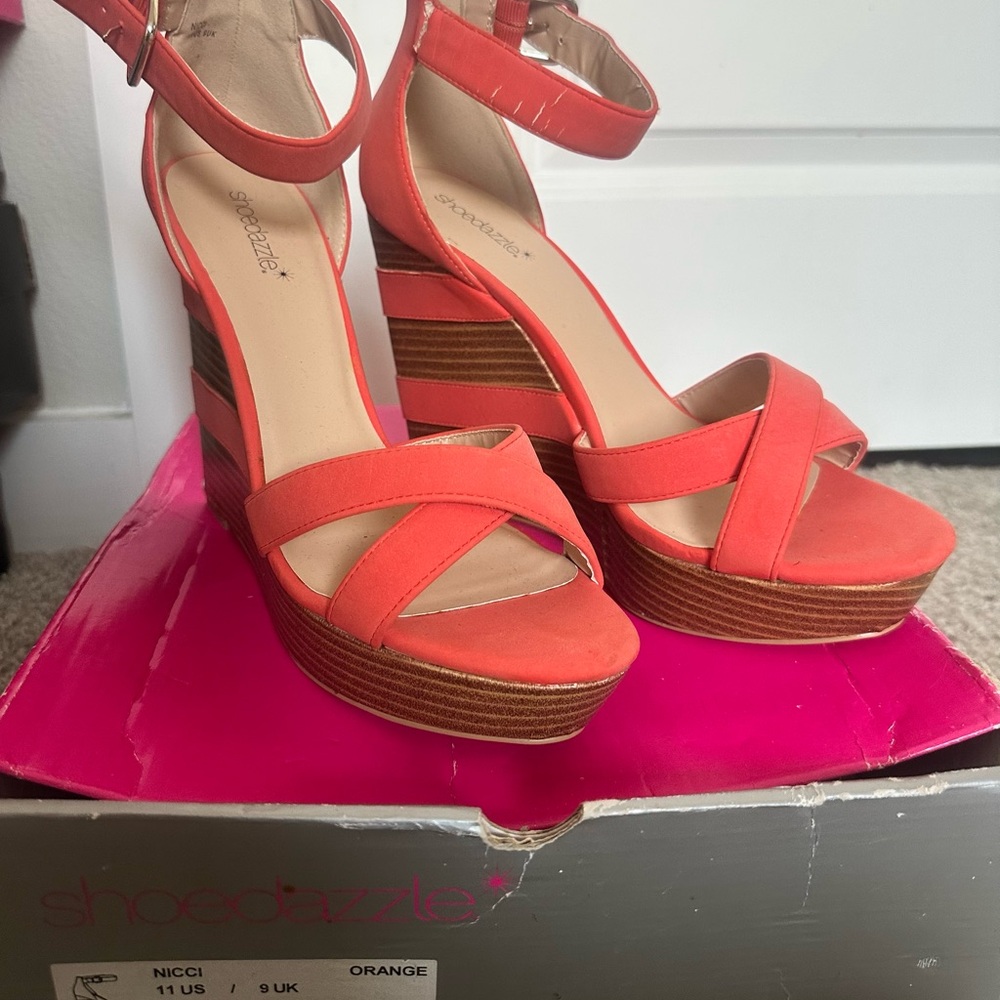Shoe Dazzle Orange Strappy Wedges